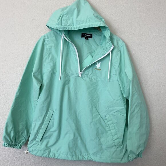 Playboy Pacsun Windbreaker Jacket Medium Teal Logo Quarter Zip Hooded EUC - Picture 1 of 8